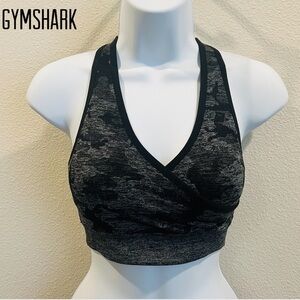 Gymshark women black gray camo dry tech seamless sport bra criss cross back Sz S